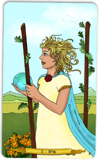 2 of Rods tarot illustration by Annette Abolins