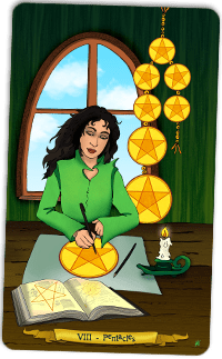 8 of Pentacles - Tarot illustration by Annette Abolins