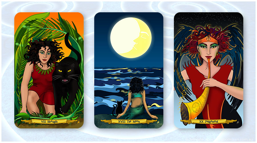 illustrated tarot by Annette Abolins Strength, The Moon and Judgement