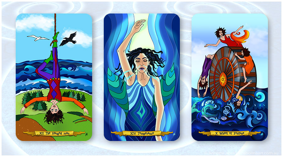 Hanged Man Temperance Wheel of Fortune illustrated by Annette Abolins