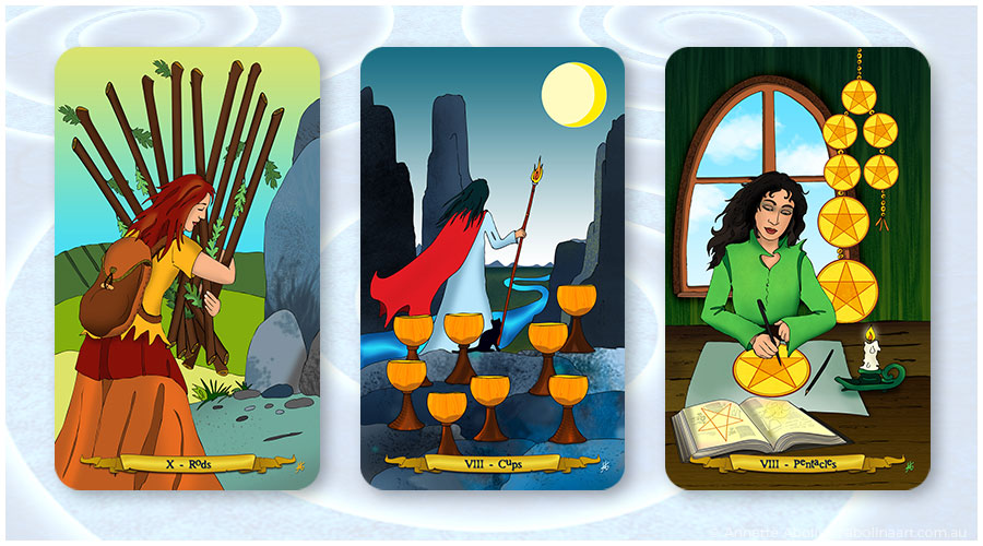 illustrated tarot by Annette Abolins: Ten of Rods Eight of Cups and Eight of Pentacles