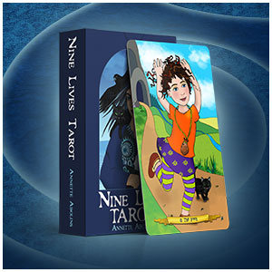 Nine Lives Tarot deck with card The Fool Tarot deck custom illustrated by Annette Abolins