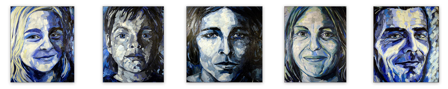 Portraits in oil by Annette Abolins five portraits of faces from young to old in blue hues