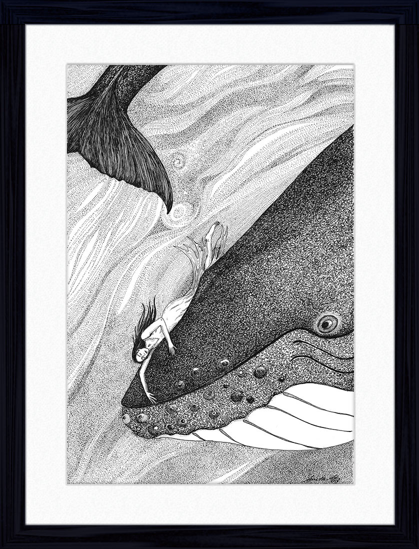 Whale Dreaming Detailed pen and ink drawing of a woman being carried through the ocean by a humpback whale