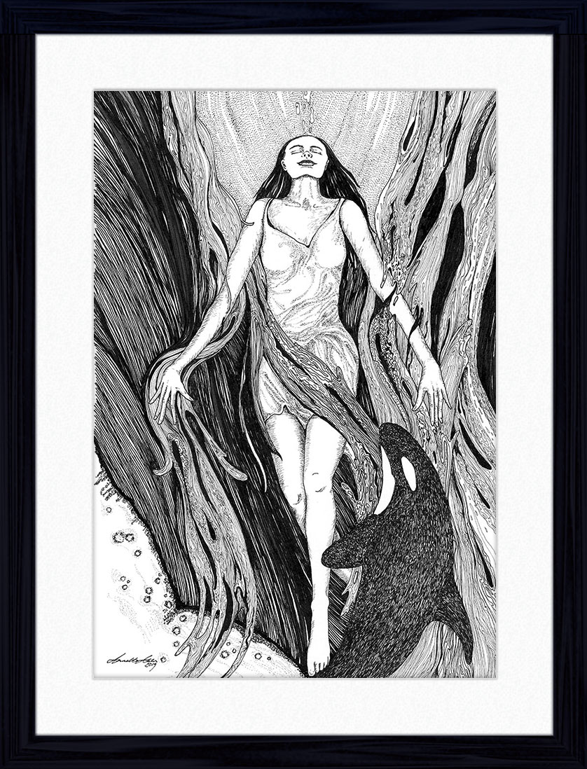 Returning Detailed pen & ink drawing of woman rising up through water with an orca