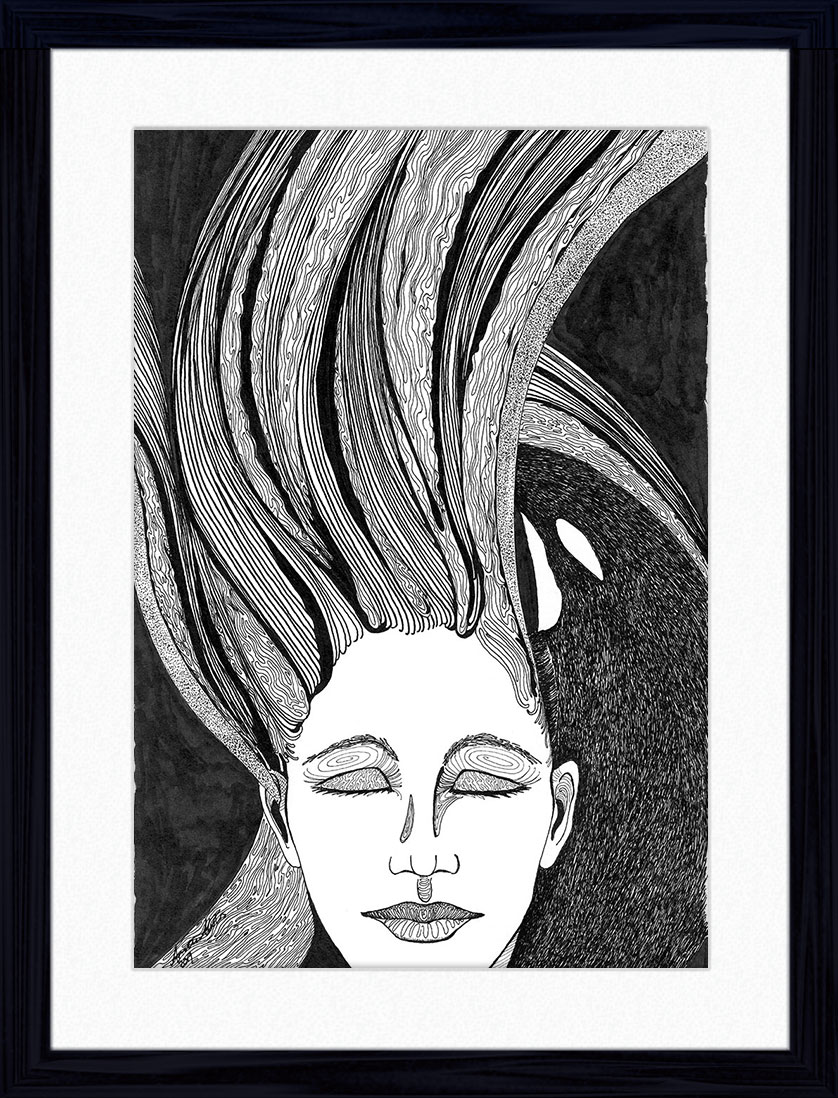 Seeking Solace Pen and Ink Drawing of an orca guiding a woman with flowing hair and closed eyes