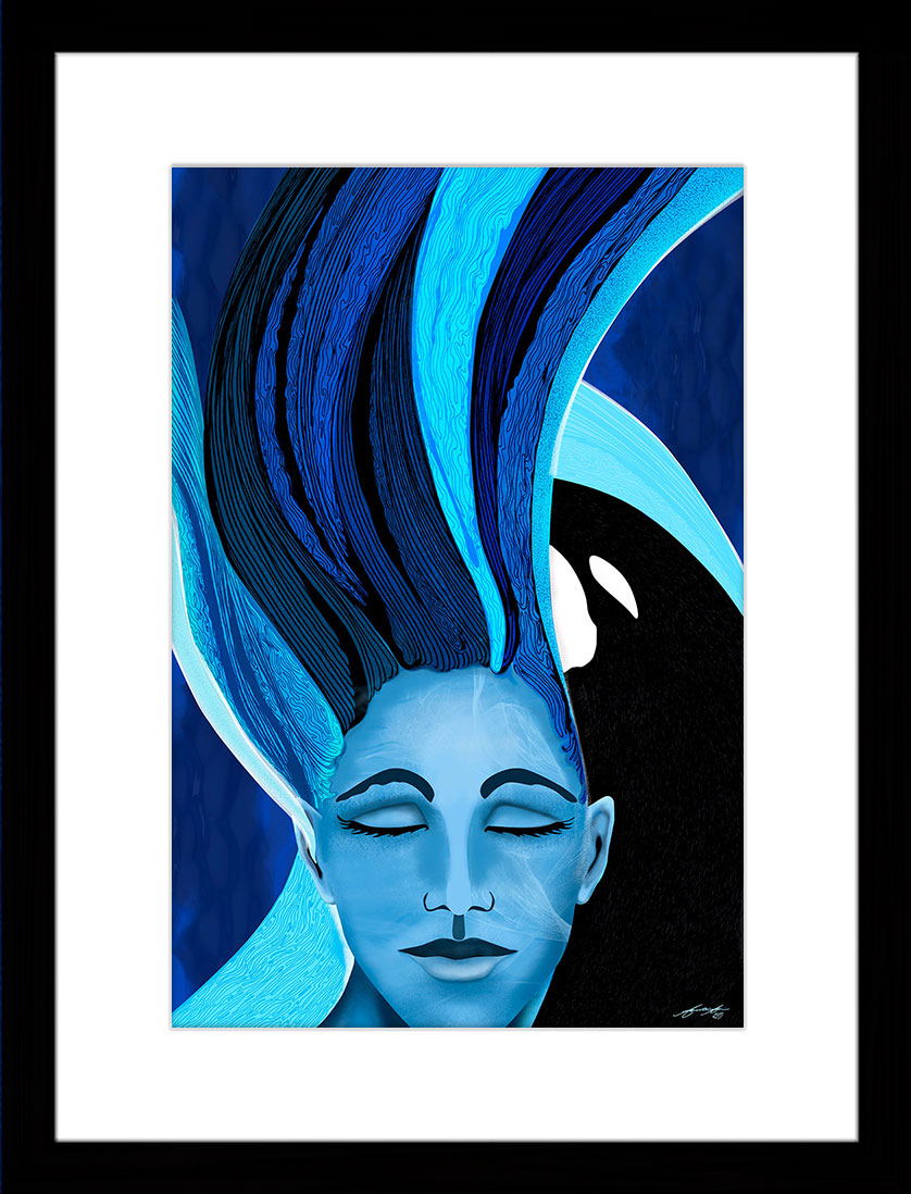 Tranquil Meeting painting of a woman with flowing hair and an orca