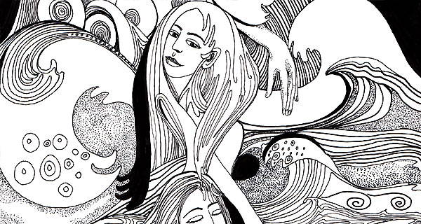 Sea Sisters - detail pen and ink