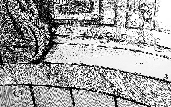 pen & ink drawing ship detail