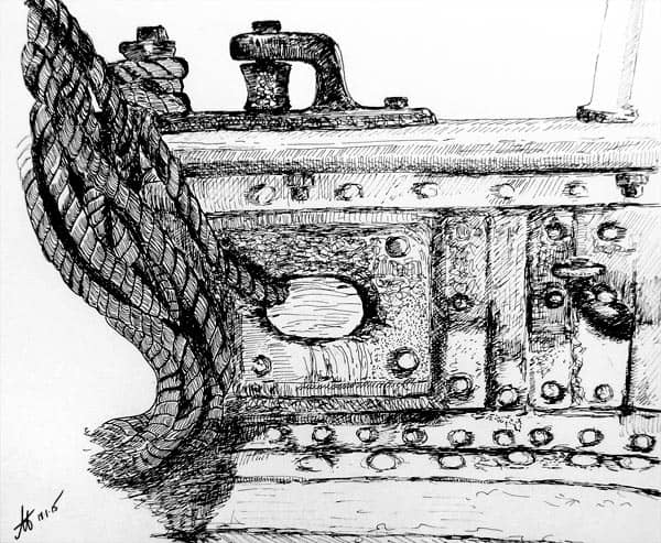 Pen and ink drawing of James Craig railing, rivets and ropes