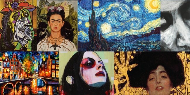 picasso, kahlo, van gogh, klimt artworks