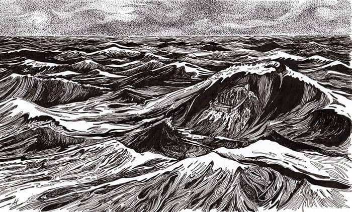 Ink drawing describing the plight of fleeing war by boat - Annette Abolins