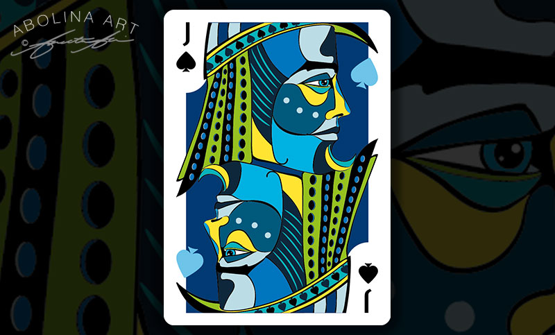 Jack of Spades in colour - with light blue spades in the artwork