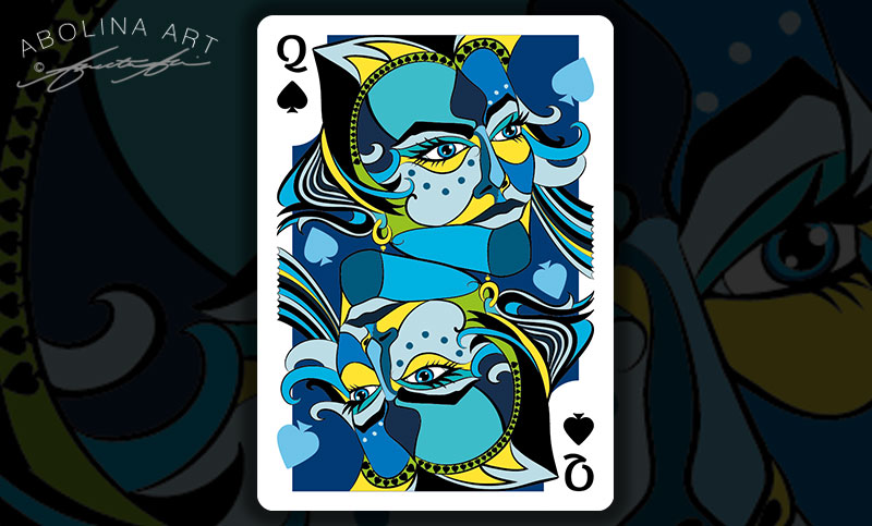 Queen of Spades in colour - with light blue spades in the artwork
