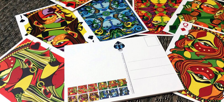 Colourful and large postcard prints with artwork from VIZAĜO playing cards