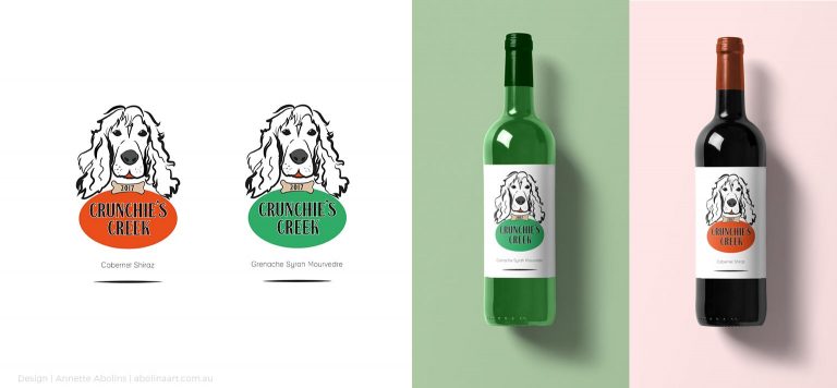 Wine label designs featuring illustration of long eared dog