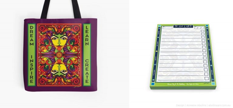 Tote bag and to do list designs based on playing card illustrations by Abolina Art