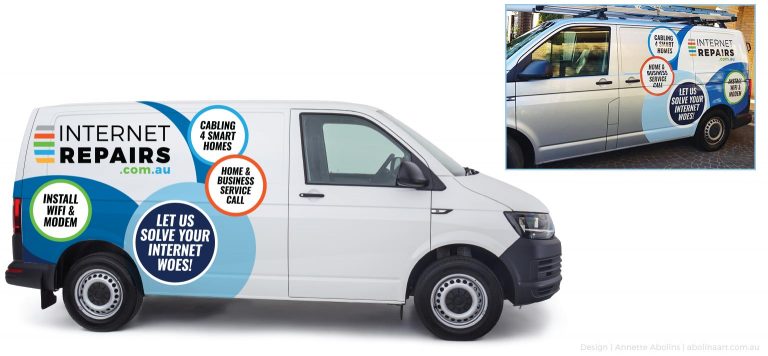 Van wrap design for Internet Repairs with colour scheme matching logo