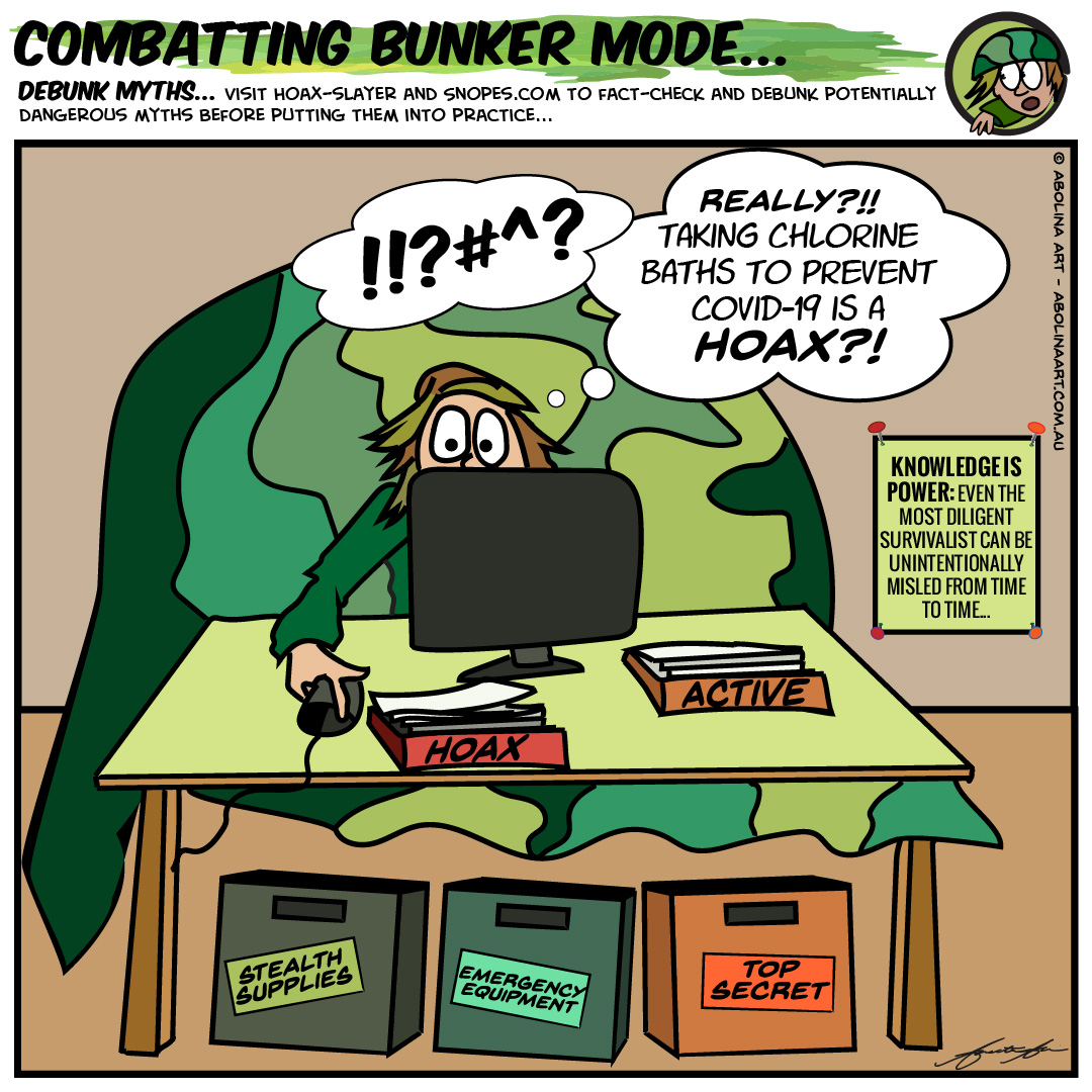 cartoon character in bunker mode looking up hoaxes on laptop