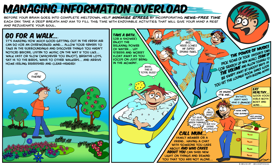 Cartoon strip showing tips for managing news addiction during COVID-19