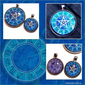 Zodiac pentagram art pendants displayed in collage showing blue and purple variations in different sizes