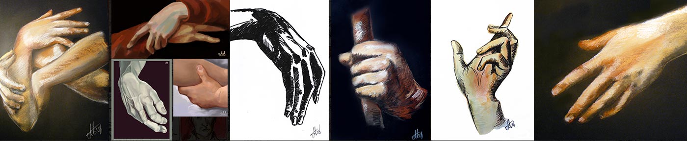 drawings of hands using a variety of media