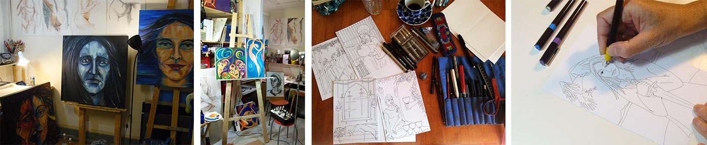 Collage of photos from painting and drawing studio