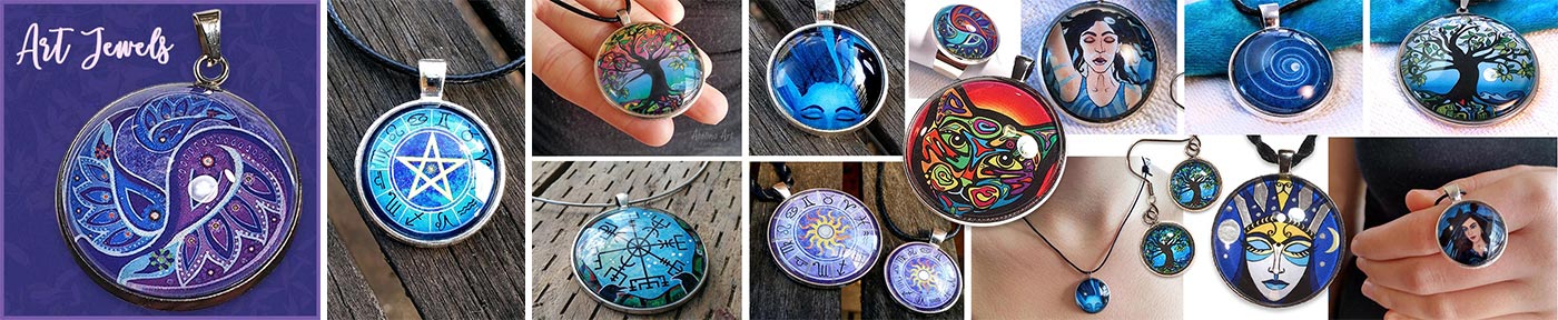 Collage featuring art pendants by Abolina Art