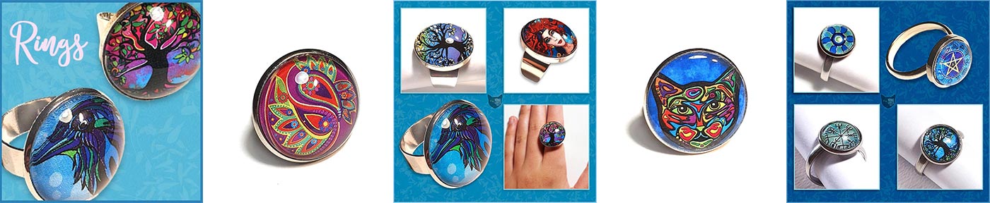 Cabochon rings in original and colourful designs available on Nine Lives Art