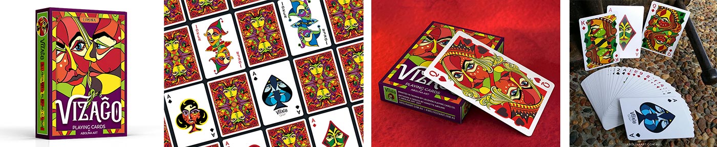 Red deck in VIZAĜO collection featuring bold faces on every playing card