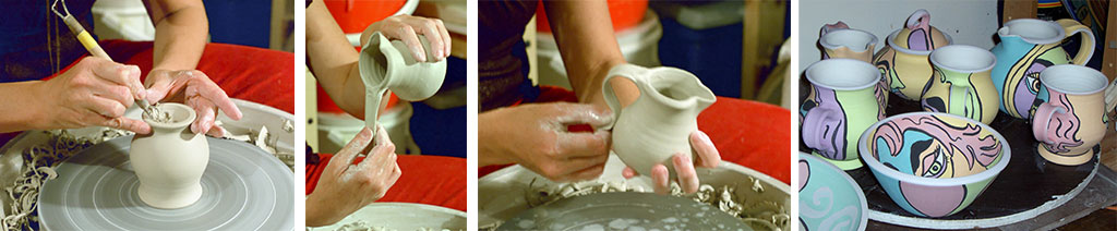 turning pots, pulling handle on jug