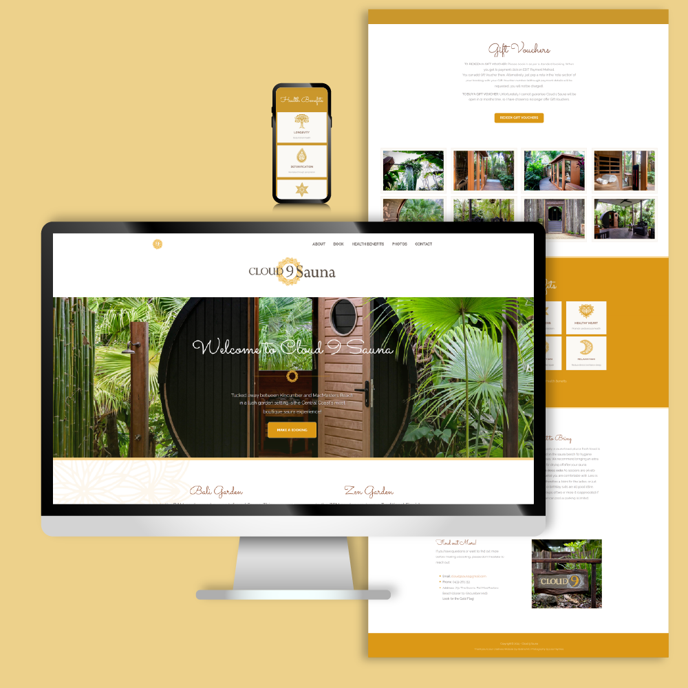 visual representation of web design project for sauna business, featuring warm accent colours, photography and white space