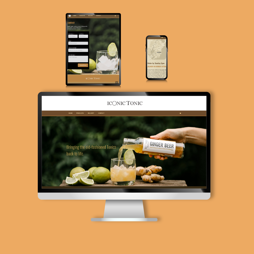 Screens showing Iconic Tonic website design on various devices - sitting on dark tan background