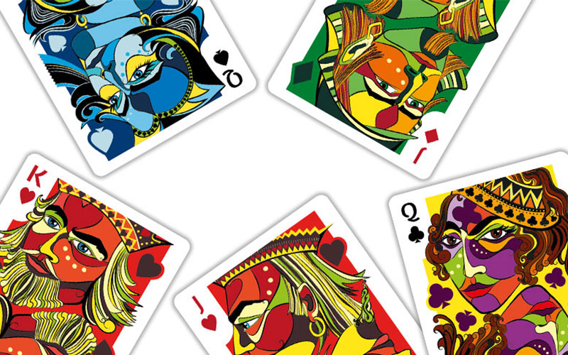 custom illustrated playing cards spread out in a circle