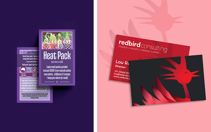 Printed designs displayed on coloured backgrounds