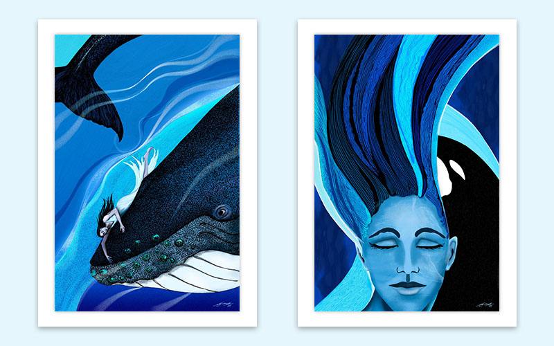 Two paintings side-by-side featuring ocean inspired themes in blue hues