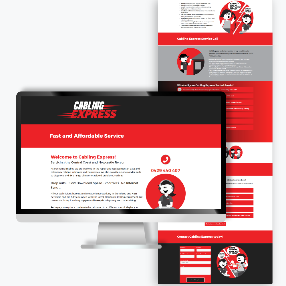 website design project based on strong red accents and friendly cartoons for a telco business
