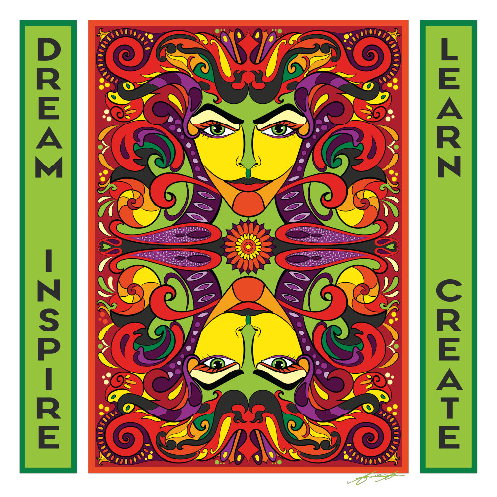 Illustration featuring original illustration of colourful faces with green text bars on either side