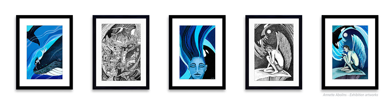 Framed pen and ink drawings and digital paintings by Annette Abolins