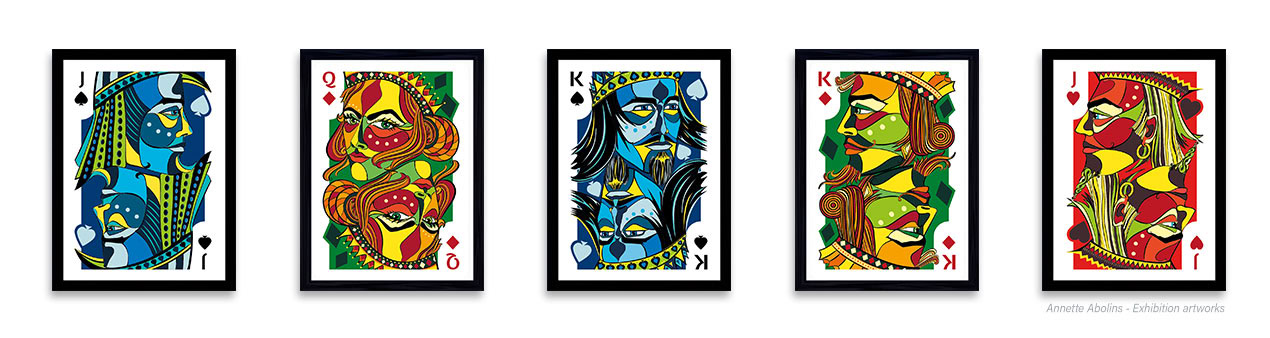 Framed artworks featuring detailed illustrations of playing card kings, queens and jacks