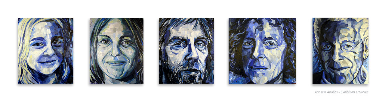 Oil paintings featuring subjects at different stages of life in blue hues