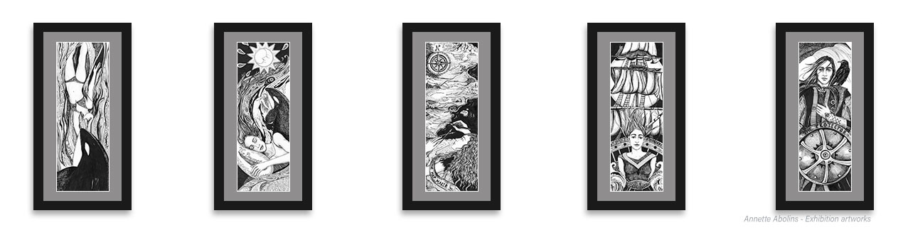 Framed pen & ink drawings featuring detailed character stories