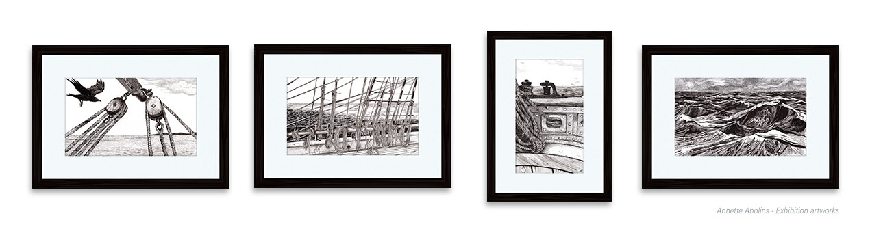Detailed pen & ink drawings featuring ocean inspired themes