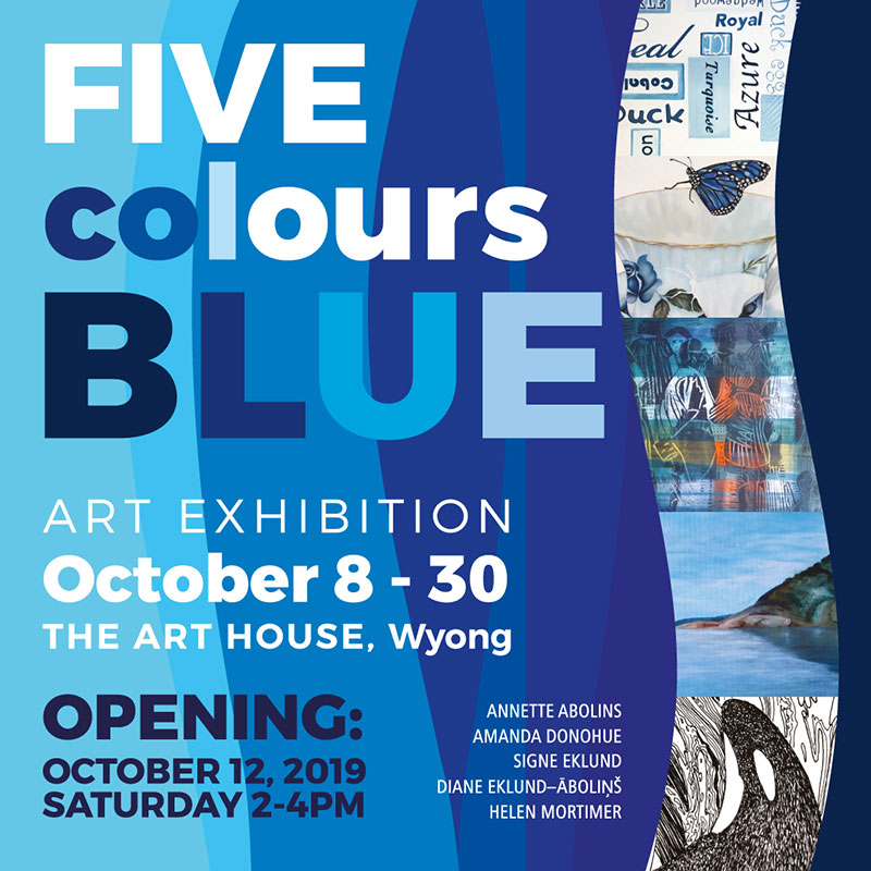exhibition invite in blue hues with artworks displayed in a collage cropped into a wave shape