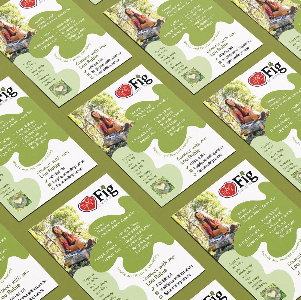 Multiple copies of Fig Counselling poster featured on green background