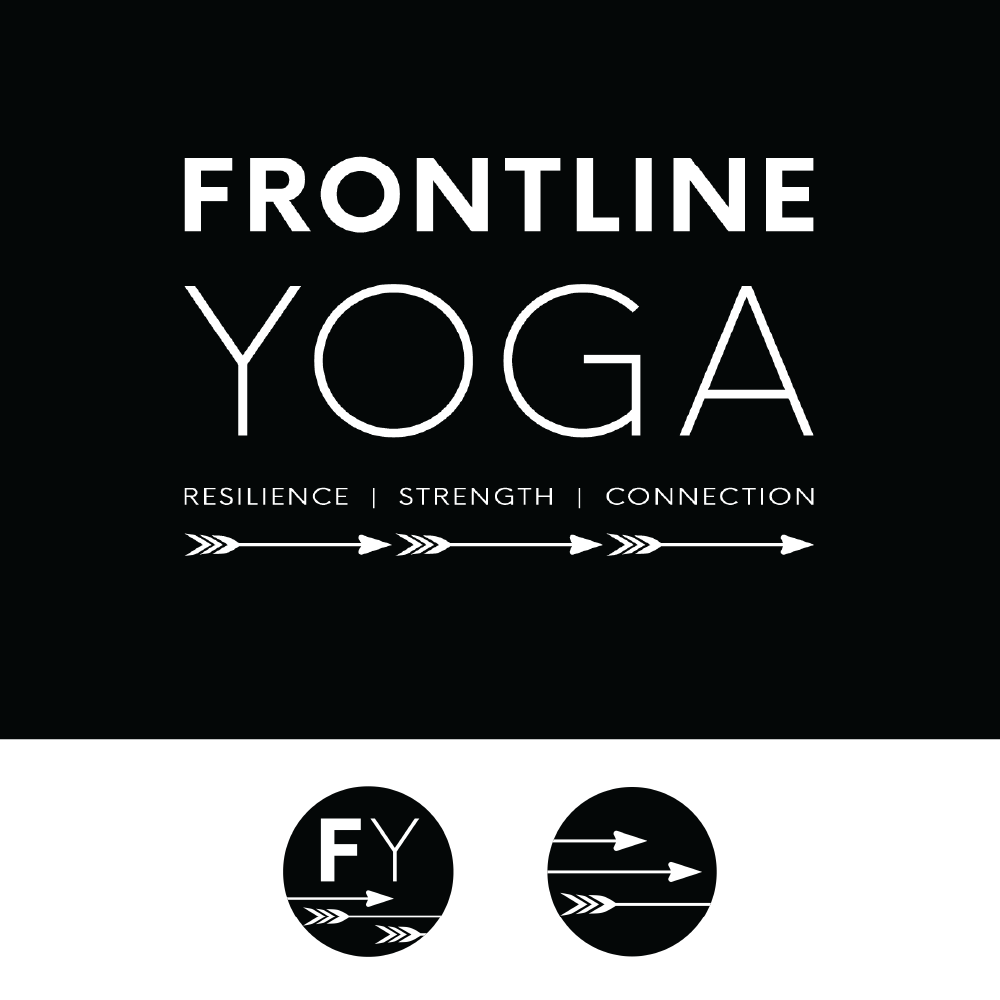 Logo design for Frontline Yoga white on black with icon designs below main logo