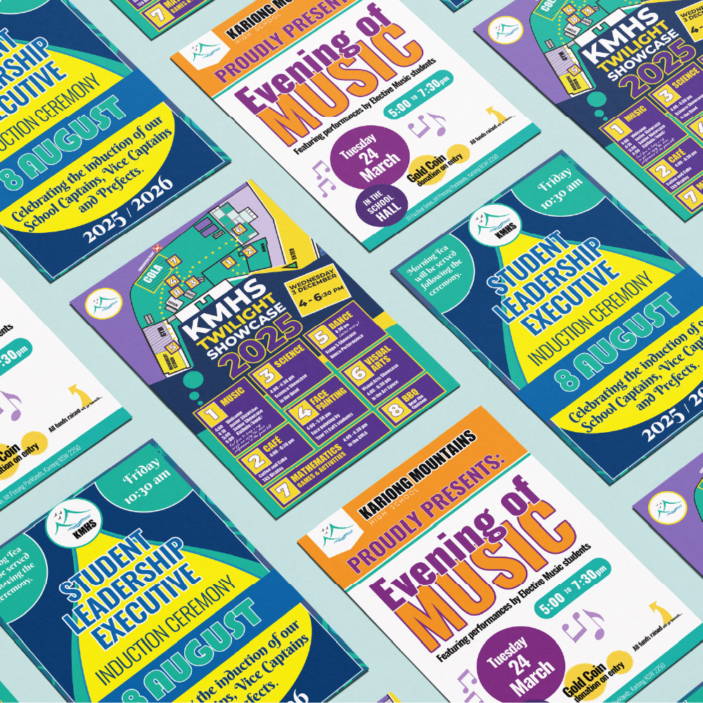 Colourful event posters displayed on light background, illustrating graphic design elements, typography and use of colour