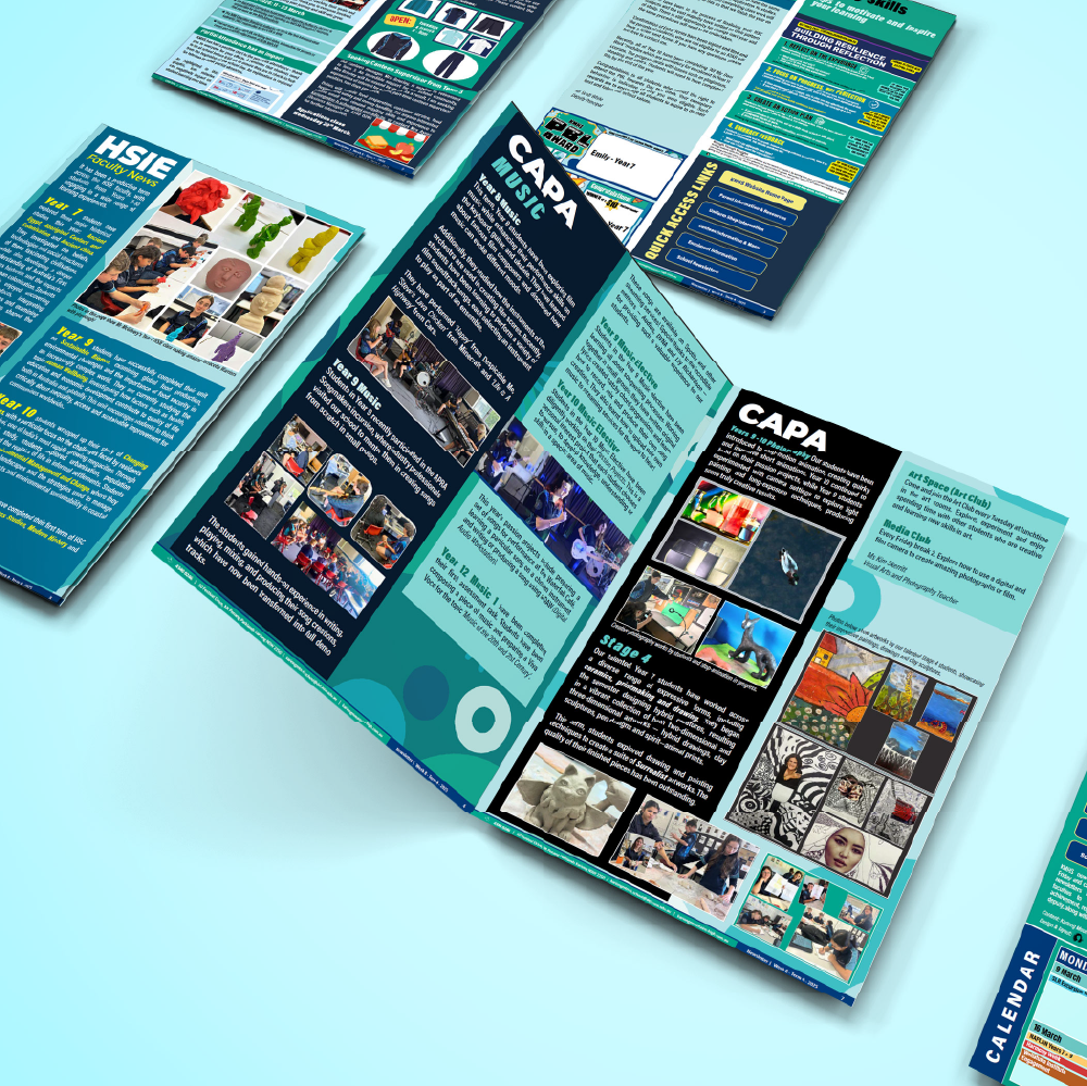 Newsletter layouts from school newsletter, featuring bold typography, blocks of colour, design elements and illustrations.