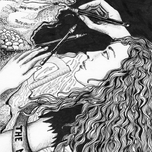 Pen and ink drawing - detail - of a woman with hair flowing onto the fantasy map she is working on