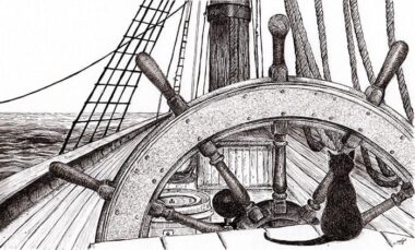At the Helm - pen & ink drawing Ink drawing of a cat at the helm - Annette Abolins